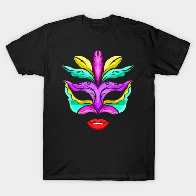 Purple, Green And Golden Mask With Red Lips For Mardi Gras T-Shirt by SinBle